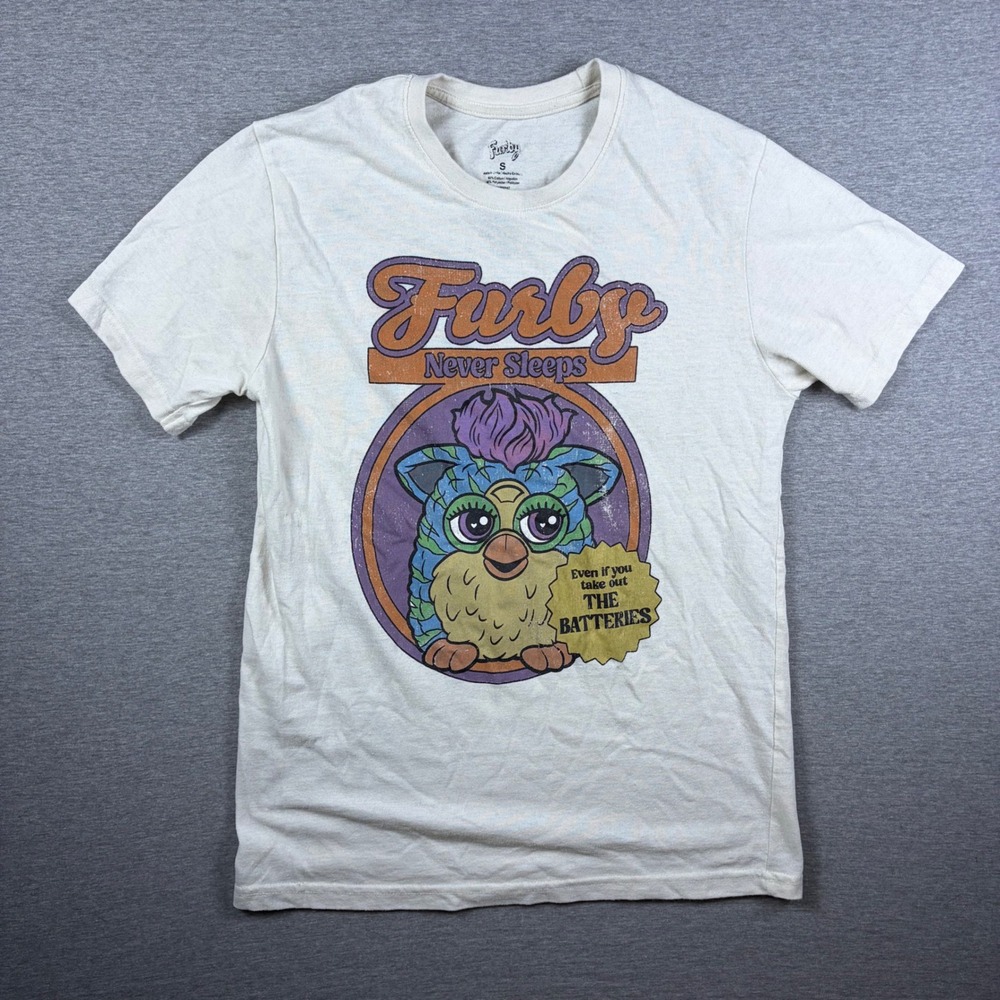 Furby TShirt Womens Small Cream Never Sleeps Graphic Short Sleeve Tee